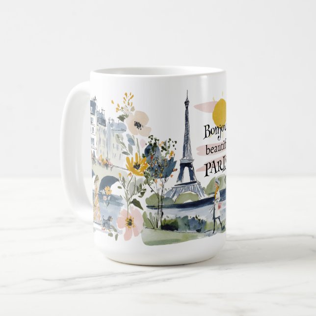 Caneca De Café Watercolor Bonjour Beautiful Paris (Frente Esquerda)
