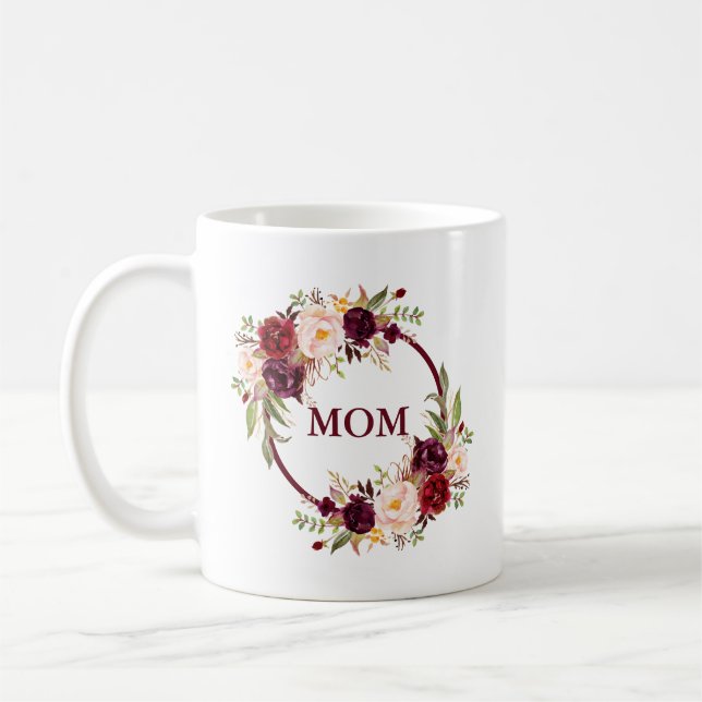 Caneca De Café Watercolor Burgundy Floral Mãe (Esquerda)