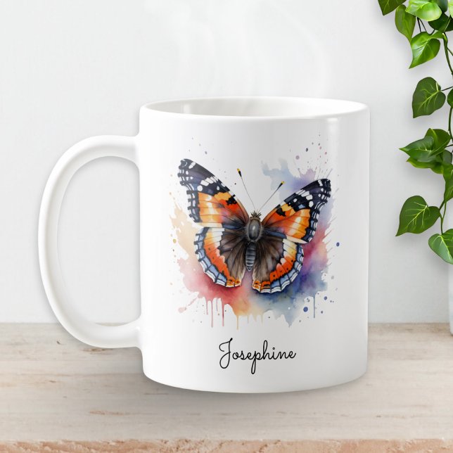 Caneca De Café Watercolor Butterfly Red Admiral Personalized Mug (A personalized mug with picture of a red admiral butterfly in a watercolor style)