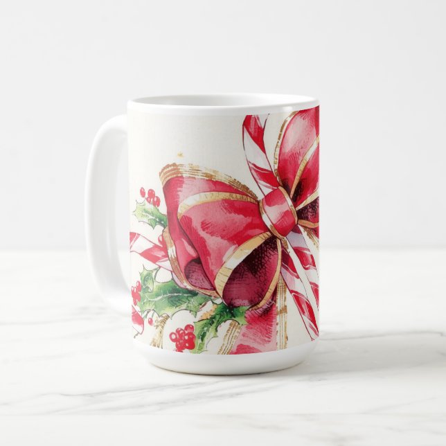 Caneca De Café Watercolor Candy Cane Red Bow Holly (Frente Esquerda)