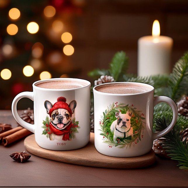 Caneca De Café Watercolor Christmas Buldog (Criador carregado)