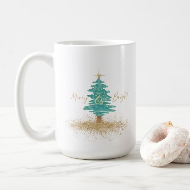 Caneca De Café Watercolor Christmas Tree "Merry & Bright" Holiday (Com Donut)