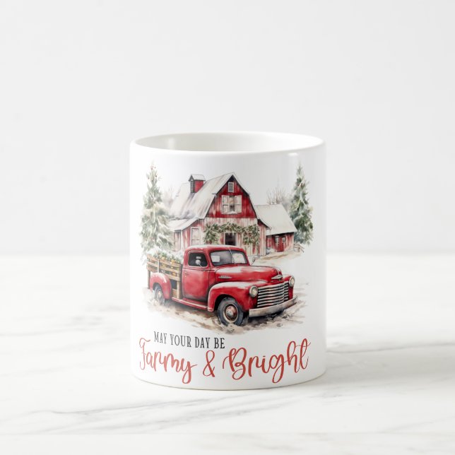 Caneca De Café Watercolor Christmas Vintage Truck and Barn (Centro)