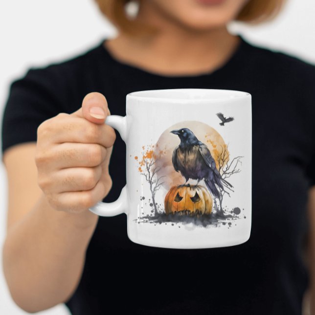 Caneca De Café Watercolor Crow Pumpkin Halloween (Criador carregado)