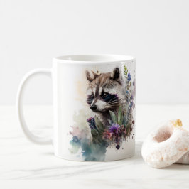 Caneca De Café Watercolor Cute Raccoon Spring Flowers        