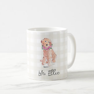 Caneca De Café Watercolor Dog Flowers Love, Nome Gingham Sweet