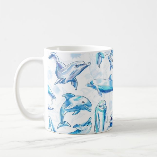 Caneca De Café watercolor dolphin fish seamless pattern, dolphin  (Esquerda)