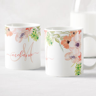 Caneca De Café Watercolor Flores Selvagens Cor-de-Água Nome do M