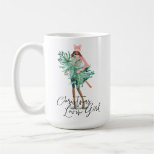 Caneca De Café Watercolor Girl Segurando Árvore De Natal Evergree
