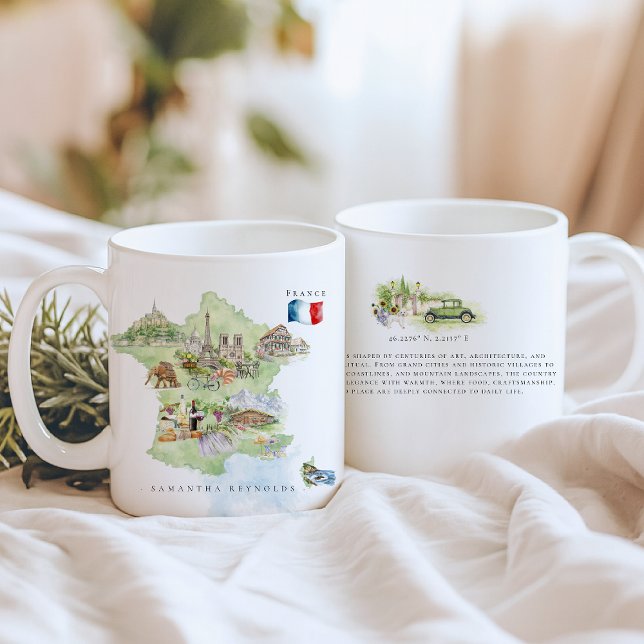 Caneca De Café Watercolor Illustrated Map France | Monogram (Criador carregado)