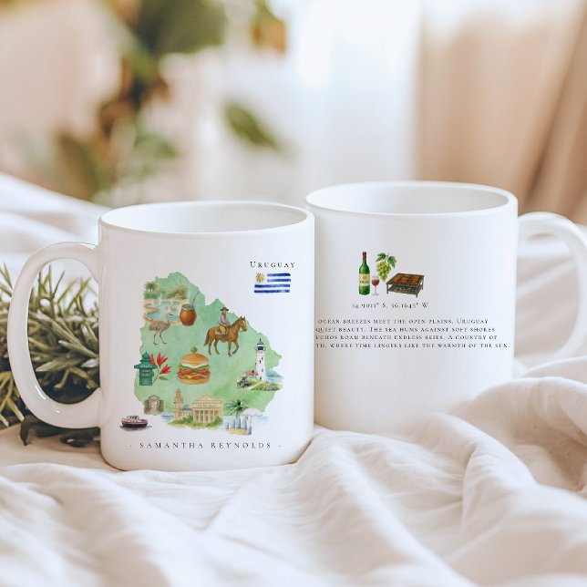 Caneca De Café Watercolor Illustrated Map Uruguay | Monogram (Criador carregado)