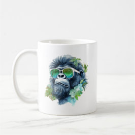 Caneca De Café Watercolor Jungle Gorilla com óculos e folhas sola