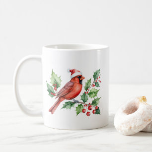 Caneca De Café Watercolor Merry Christmas Red Cardinal & Berries