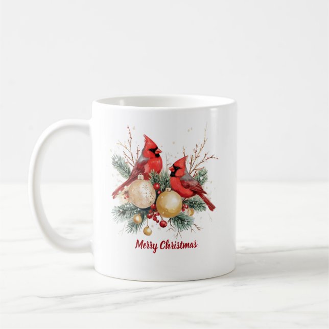 Caneca De Café Watercolor Merry Christmas Red Cardinal & Berries (Esquerda)