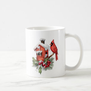 Caneca De Café Watercolor Merry Christmas Red Cardinal & Berries