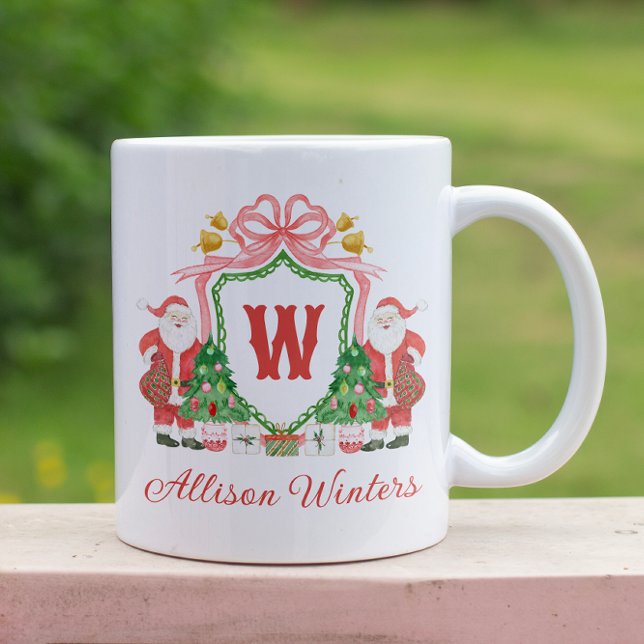 Caneca De Café Watercolor Monogram Initial Santa Crest (Criador carregado)