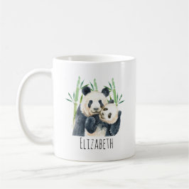 Caneca De Café Watercolor Panda Bears Mãe e Bebê em Bambu