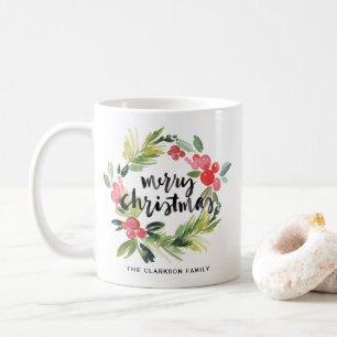 Caneca De Café Watercolor Pine e Holly Wreath Foto de Natal