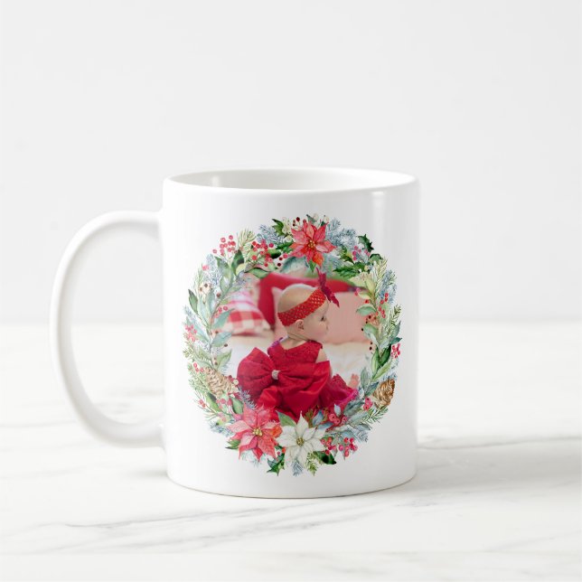 Caneca De Café Watercolor Poinsettia Christmas Wreath Photo (Esquerda)