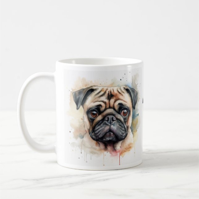 Caneca De Café Watercolor Pug Art Poem (Esquerda)