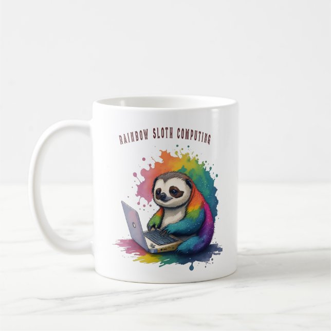 Caneca De Café Watercolor Rainbow Cute Sloth Computing (Esquerda)
