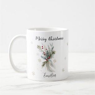 Caneca De Café Watercolor Rustic Pine Floral Merry Nome de Natal