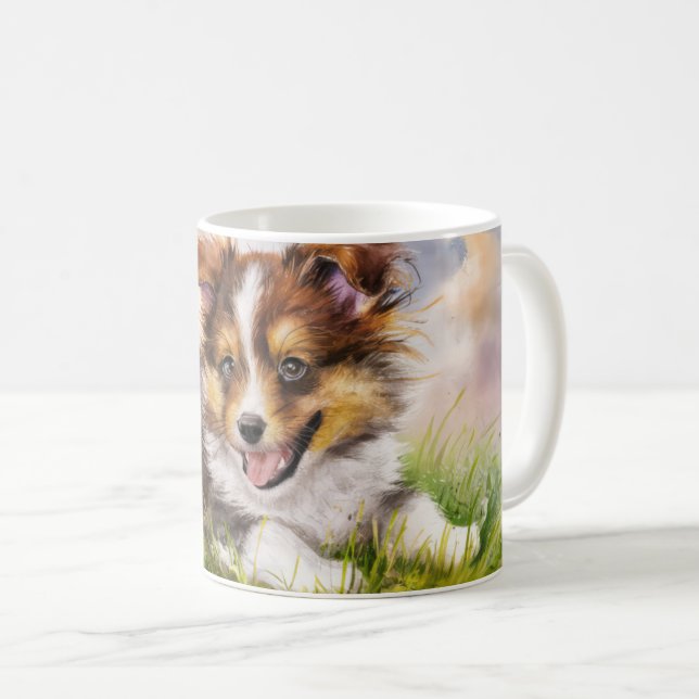Caneca De Café Watercolor Sheltie Puppy (Frente Esquerda)