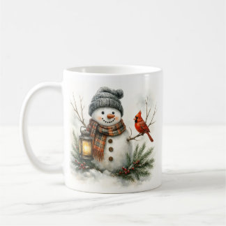 Caneca De Café Watercolor Snowman, Lantern & Cardinal