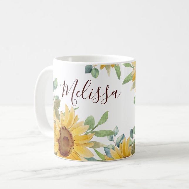Caneca De Café Watercolor Sunflower Floral Monograma Name (Frente Esquerda)