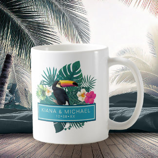 Caneca De Café Watercolor Tropical w/Toucan Wedding Teal ID577
