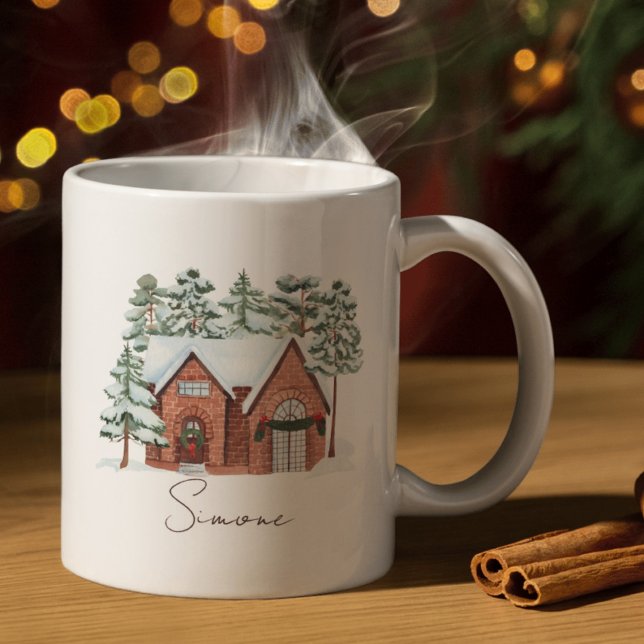 Caneca De Café Watercolor Winter Farmhouse Rush Christmas (Criador carregado)