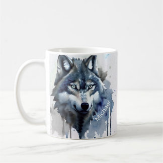 Caneca De Café Watercolor Wolf Head Dusty Blue Monograma