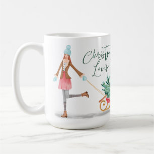 Caneca De Café Waterolor Christmas Loving' Girl Pulando Sleigh