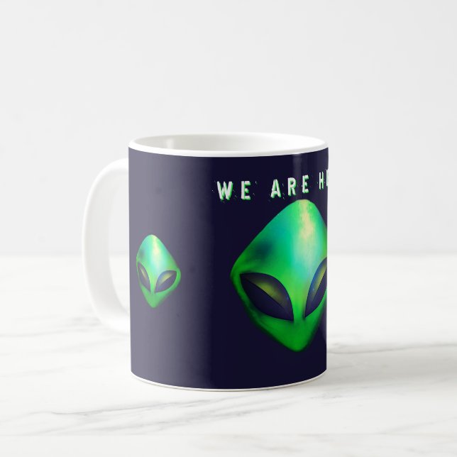 Caneca De Café "We Are Here" Green Alien head (Frente Esquerda)