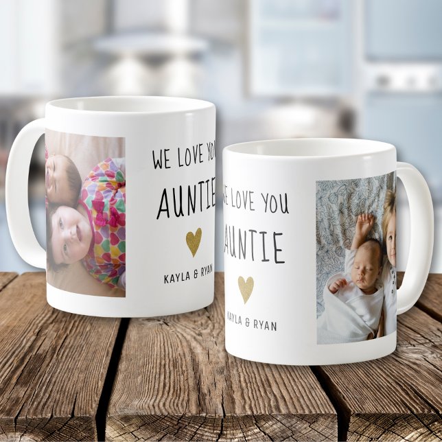 Caneca De Café We Love You Auntie Gold Heart 2 Photo Collage   (Criador carregado)