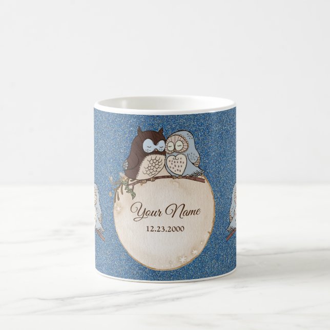 Caneca De Café Wedding Blue Brown Owl Glitter Beautiful (Centro)