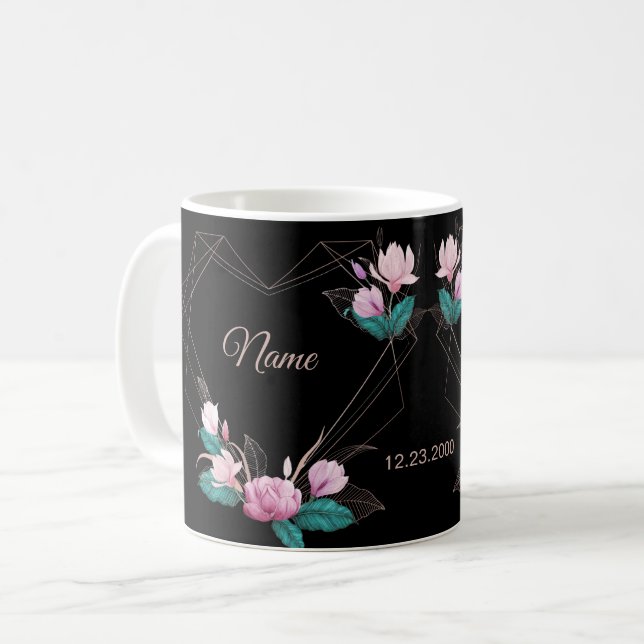 Caneca De Café Wedding Pink Floral Golden Geometric Elegant Black (Frente Esquerda)