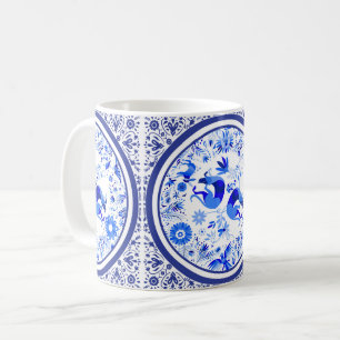 Caneca De Café Weimaraners, Coelhos e Pássaros Otomi Azul e Branc