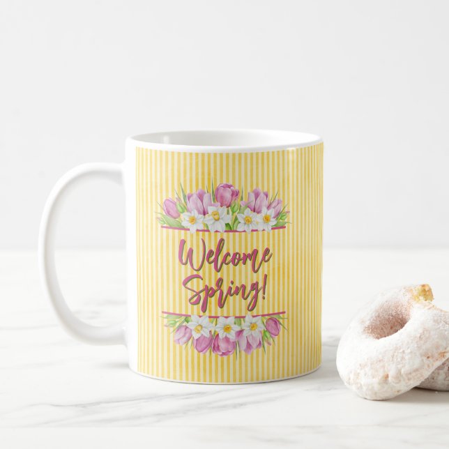 Caneca De Café Welcome Spring Tulip and Daffodil (Com Donut)