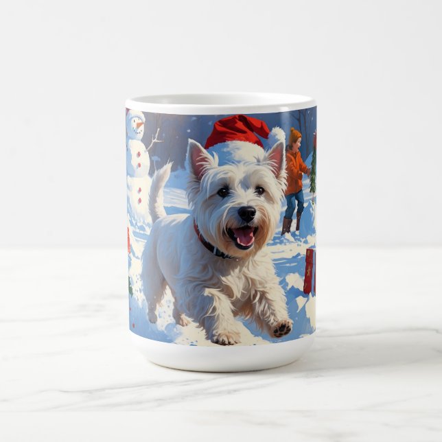 Caneca De Café Westie Correndo na Neve com Chapéu de Natal (Centro)