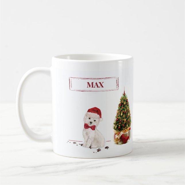 Caneca De Café Westie Engraçado Cachorro de Natal com Árvore (Esquerda)