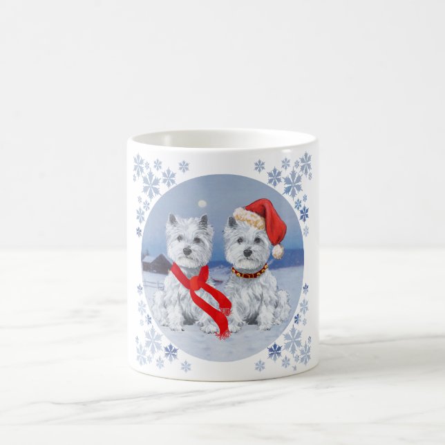 Caneca De Café Westies Gêmeos numa Noite Invernal (Centro)