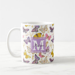 Caneca De Café Whimsic Faux Gliitter Girly Butterflies Monograma