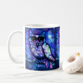 Caneca De Café Whimsical Big Eye Coruja Bird Blue Purple Night