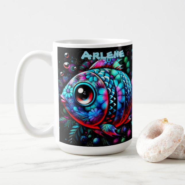Caneca De Café Whimsical Big-Eyed Fish Nautical Personalized (Com Donut)