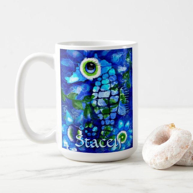 Caneca De Café Whimsical Big-Eyes Seahorse Art Blue Personalized (Com Donut)