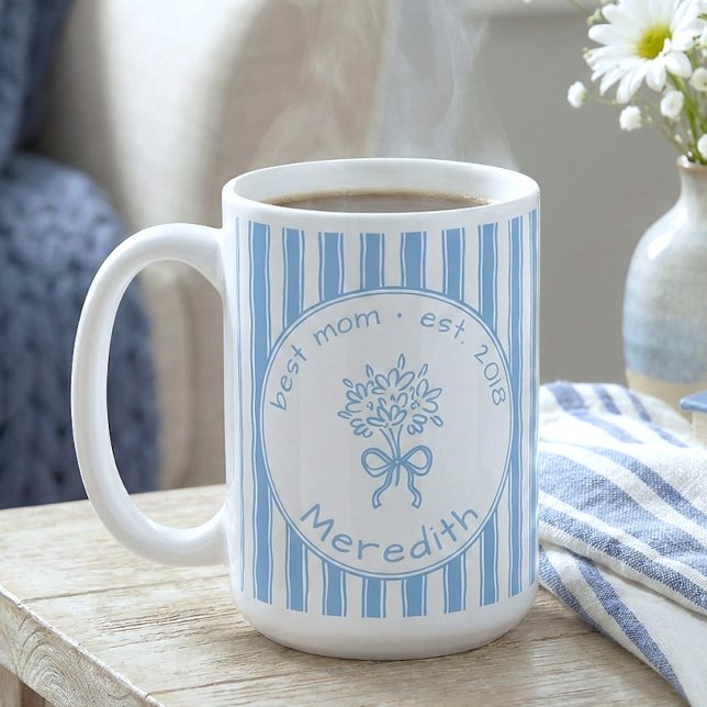 Caneca De Café Whimsical Blue White Stripe Preppy Mom Established (Criador carregado)