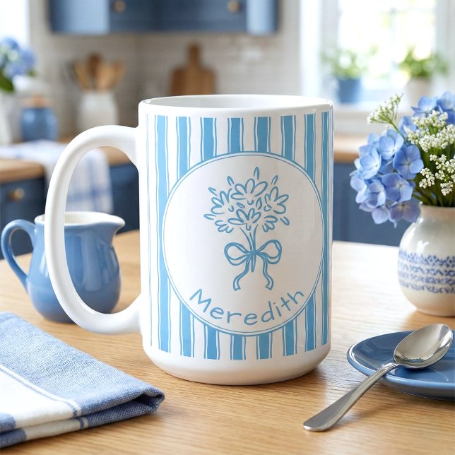 Caneca De Café Whimsical Blue White Stripe Preppy Monogram (Criador carregado)