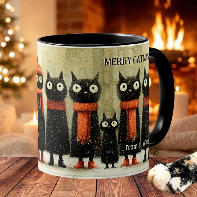 Caneca De Café Whimsical Cat Art Merry Catmas Christmas (Christmas cat mug featuring a whimsical painting of a row of cats in winter outfit)