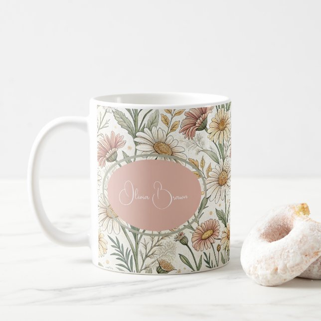 Caneca De Café Whimsical Daisy Garden Aesthetic Custom (Com Donut)